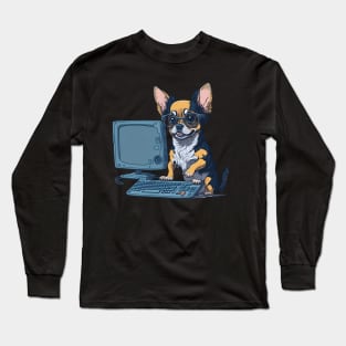 A cute Chihuahua dog is working on computer Long Sleeve T-Shirt